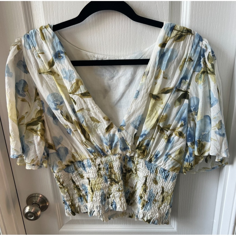 Abercrombie & Fitch Womens Top Floral Flutter Sleeve Deep V Smocked Boho Size L